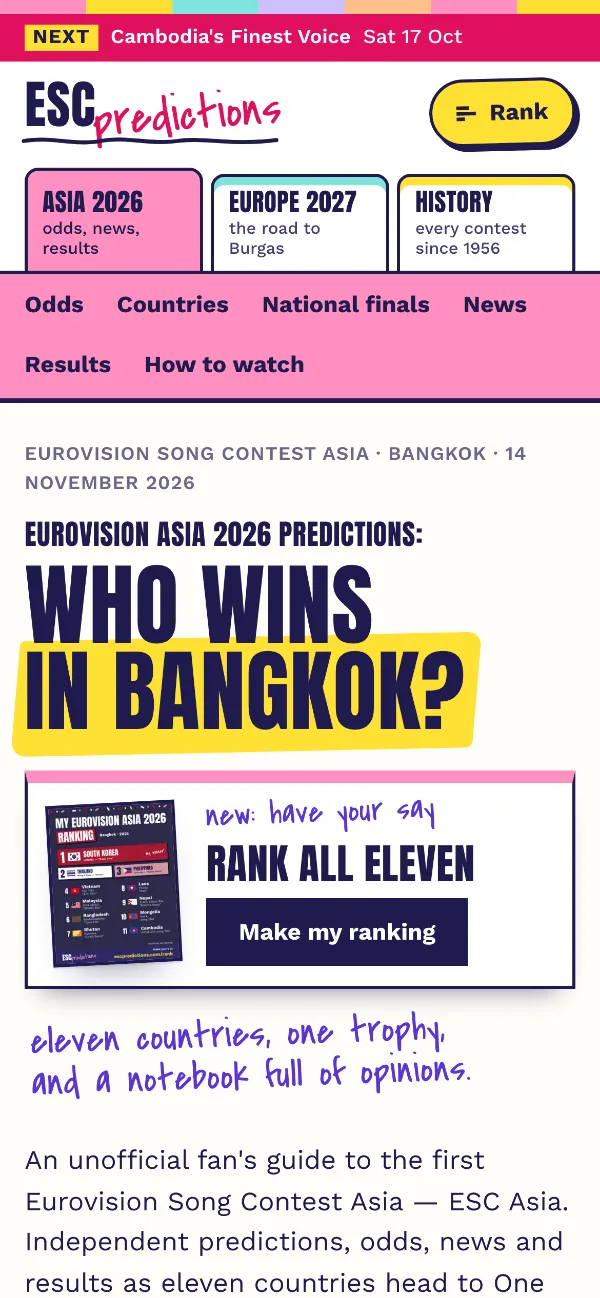 ESC Predictions on a phone, with tabs for Asia 2026, Europe 2027 and history.