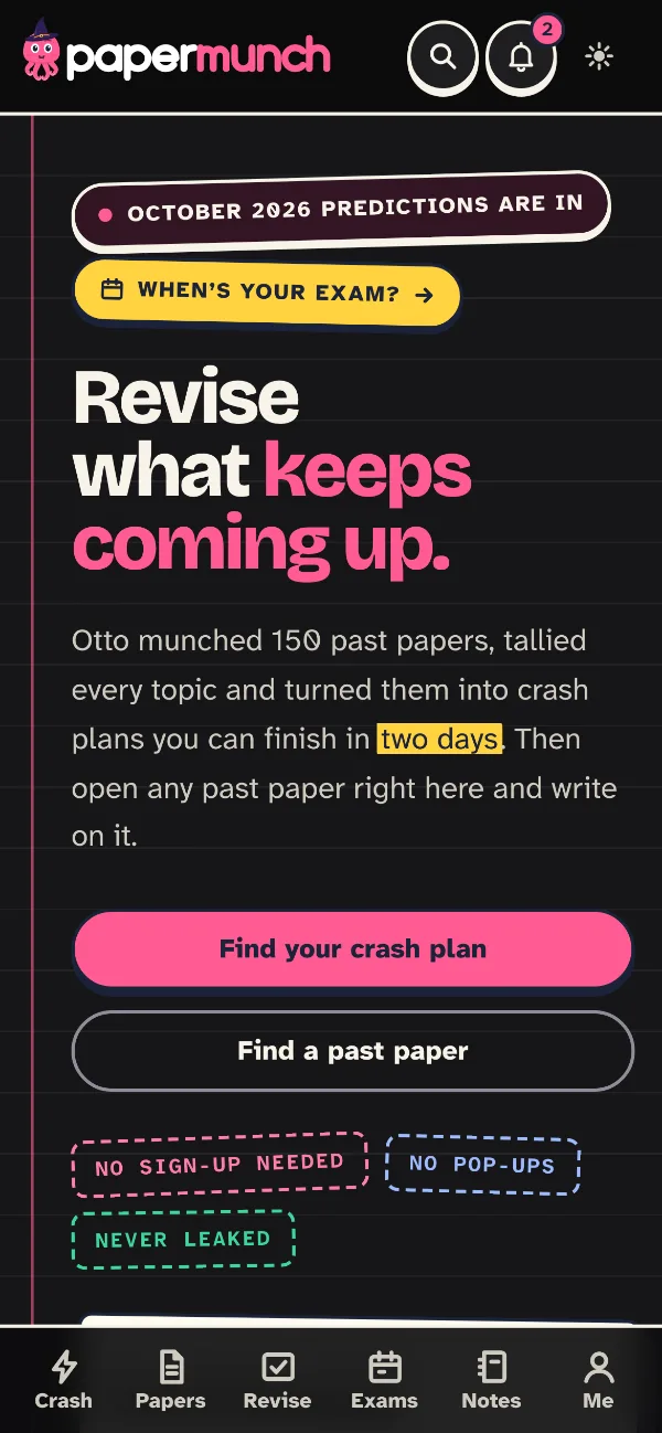 PaperMunch on a phone, with buttons to find a crash plan or a past paper.